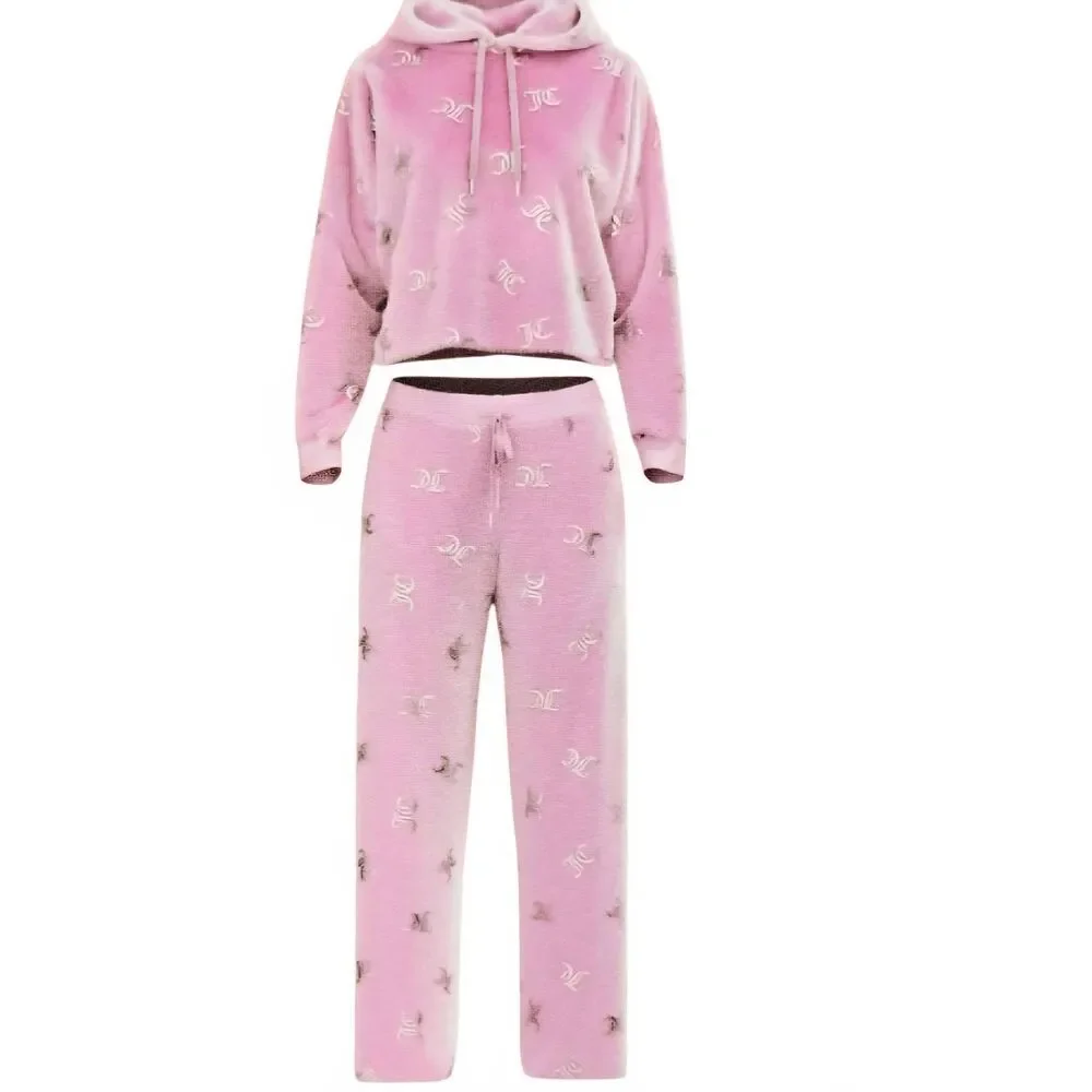 Juicy Couture 2-PC Silver Foil Logo Velour Hoodie &‎ Pant PJ Set